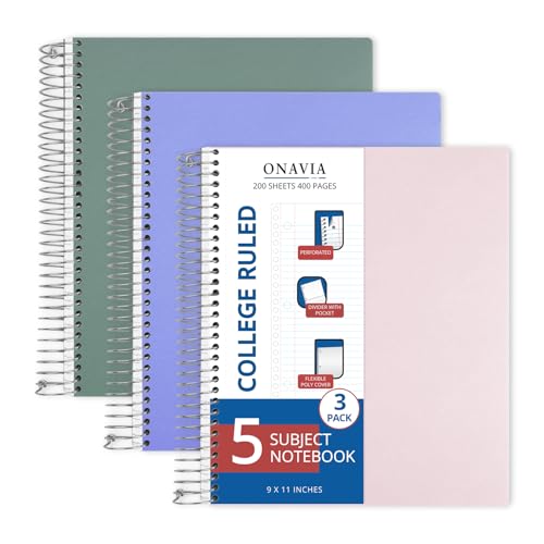 ONAVIA 5 Subject Spiral Notebook College Ruled 3 Pack, 400 Pages | 200 Sheets, 9 x 11 in, 6 Pack Waterproof Plastic Cover, Durable, School Notebooks, Classroom, Teachers - color: Green, Pink, Cornflower
