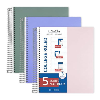 ONAVIA 5 Subject Spiral Notebook College Ruled 3 Pack, 400 Pages | 200 Sheets, 9 x 11 in, 6 Pack Waterproof Plastic Cover, Durable, School Notebooks, Classroom, Teachers - color: Green, Pink, Cornflower