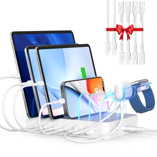 SooPii 90W Charging Station for Multiple Devices, 6 Port Multi USB C Charger Station with 6 Mixed Short Cables,PD 20W Charging Dock for lPhone,Galaxy,iPad,Tablet and More Electronic Devices - color: White