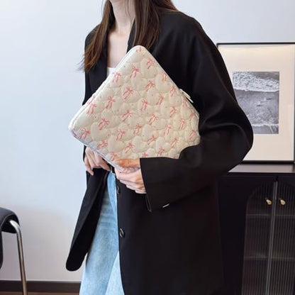 Cute Bow Laptop Sleeve 13 Inch, Puffy & Quilted Protective Case, Aesthetic Padded Computer Cover for Mac-Book, Tablet Compatible - color: Beige-Cute