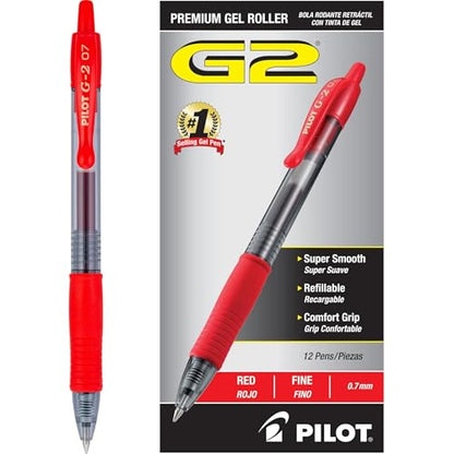 Pilot G2 Premium Gel Roller Pens, Fine Point 0.7 mm, Red Pens, Pack of 12 - Ideal for School, Journaling & Office Writing - color: Red