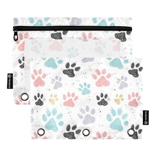 Binder Pouches,Dog Footprint Pencil Pouch for 3 Ring Binder 2 Pack Clear Pencil Bag with Zipper for Office School Supplies - color: Multicolored 8