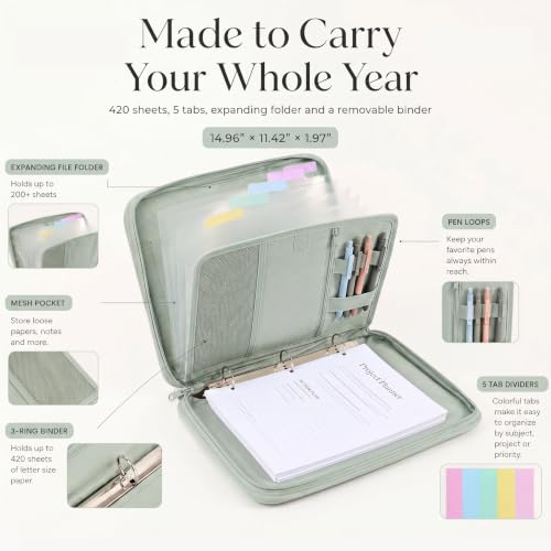 Sturdy 3 Ring Zipper Binder with Strap for School - Beautiful 1 Inch Zip Up Binder with 5-Tab Dividers Holds 420 Sheets, Books & Laptop - Easy to Carry Trapper Keeper Made of Premium Fabrics - color: Sage