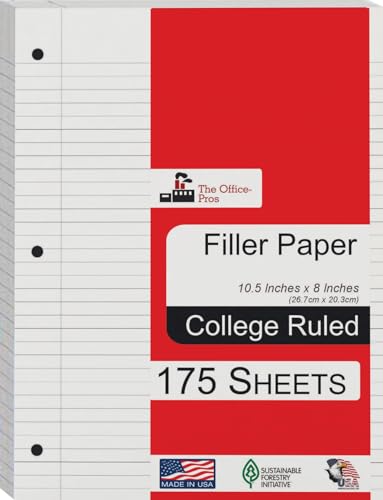 Filler Paper, College Ruled Filer Paper, Loose Leaf Paper, 3 Holed Punches Paper, Red Line Margin, Ring Binder Paper - 8" x 10.5" - College Ruled - 175 Sheets - size: College Ruled