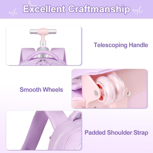 DIGOBAY Rolling Backpack for Girls, Cute Roller School Bag with Wheels, Kids Wheeled Backpacks Set with Lunch Bag Pencil Case for Teen Girls Kindergarten Elementary Middle School - color: Purple-pink