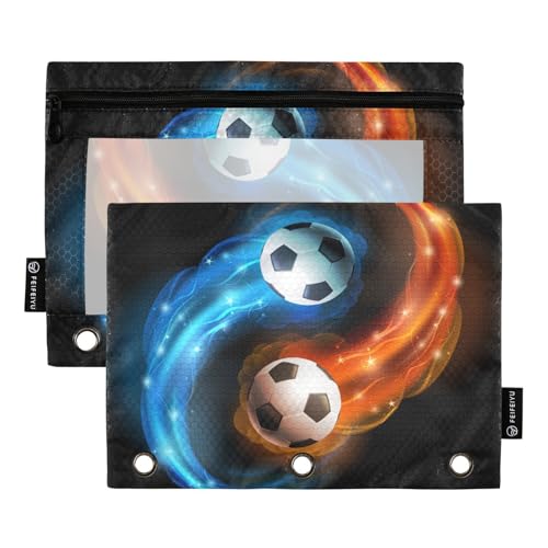 Soccer Ball Flames Print Pencil Pouch for 3 Ring Binder 2 Pack Binder Pencil Case with Clear Window Pencils Bags with Zipper for Office Daily College Home Supplies - color: Multi-soccer Ball Flames