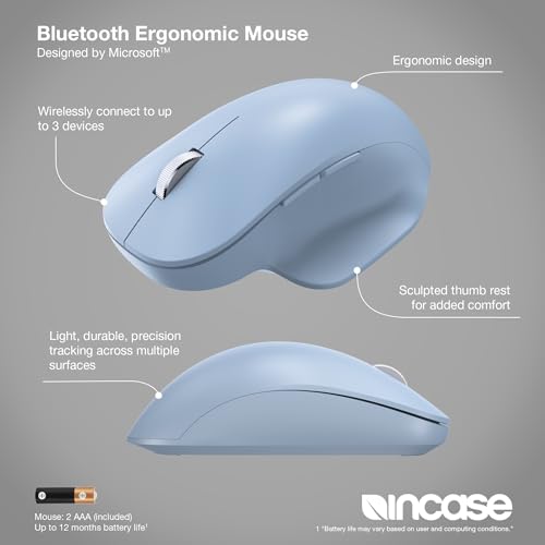 Incase Bluetooth Ergonomic Mouse – Designed by Microsoft – Two Thumb Buttons, Easy to Grip Thumb Rest, Precision Tracking, Connects 3 Devices, 15 Month Battery Life, PCs/Laptops (Pastel Blue) - color: Pastel Blue