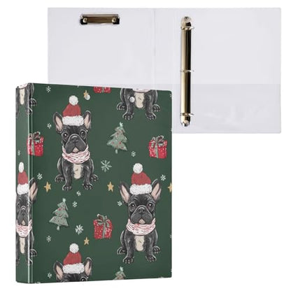Fustylead Xmas Cute Bulldog Puppy and Tree 3 Ring Binder, D-Rings 1.5" Hardcover Folder, Fits 200 Sheets of A4 Paper, Durable Clipboard & Clean View with Inside Pockets for School Home Office - size: 12.4x10.63x2.36 Inch-1 Pack