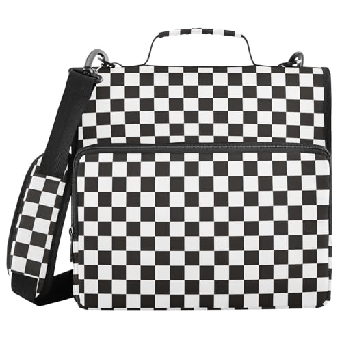 Black White Checkered Binder Bag 3 Ring Zipper Binders with Shoulder Strap for School Office Organizer Storage - color: Q037