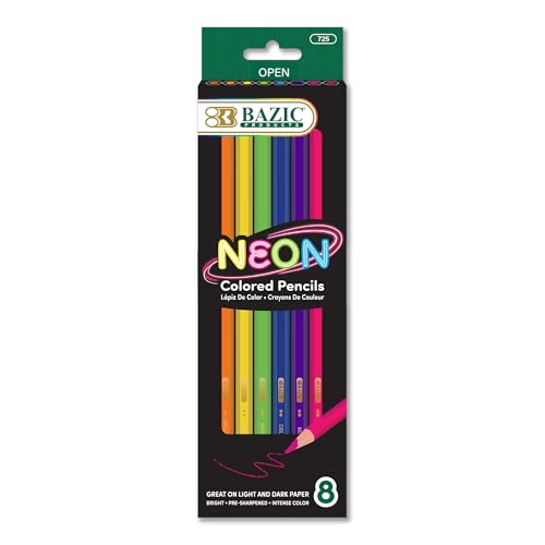 BAZIC 8 Neon Colored Pencils | bright neon shades, pre-sharpened wood barrels, posters, dark-paper art, outlines, classroom projects - size: 1 Count (Pack of 1)