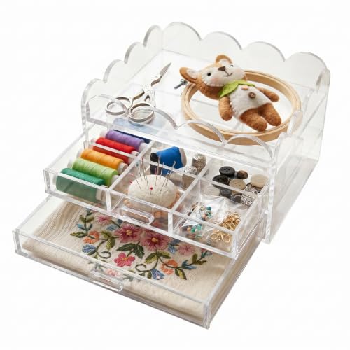 Scalloped Clear Acrylic 2-Drawer Organizer 5" x 5" with Removable 9 Compartment Divider, Storage Case for Sewing Supplies and Small Jewelry