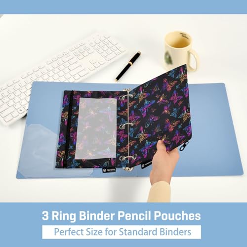 Binder Pencil Pouches Neon Color Butterflies Pen Case | Clear Window 3 Rings, Cosmetic Bags School Office Supplies Cosmetic Makeup Bag 2 Psc - color: Neon Color Butterflies