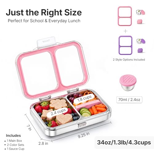Leak-Resistant 18/8 Stainless Steel Bento Lunch Box Kids 7+ and Adults | 2 Swappable Style Accessories, BPA-Free Tritan Lid, Dishwasher Safe, School, Office & Travel - color: Pink