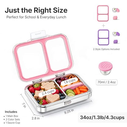 Leak-Resistant 18/8 Stainless Steel Bento Lunch Box Kids 7+ and Adults | 2 Swappable Style Accessories, BPA-Free Tritan Lid, Dishwasher Safe, School, Office & Travel - color: Pink