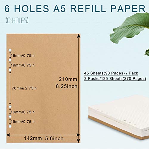 A5 Refill Paper, [3 Pack] Toplive 100GSM Thick Refillable 6 Hole Filler Inserts - 135 Sheets (270 Pages) for 6 Ring Binder Journal Notebook, Kraft - style: 3Pack Kraft Blank