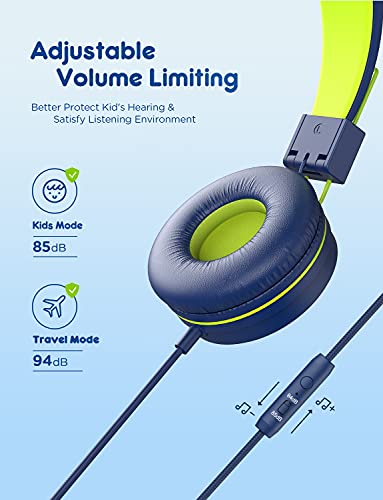 iClever Kids Headphones with Microphone, 85dB/94dB Volume Limited, Stereo 3.5mm Jack, Tangle-Free Wired Headphones for Boys/Girls/School/Travel/iPad, Green - color: Blue,Green