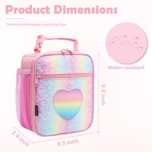 FlowFly Kids Lunch box Insulated Soft Bag Mini Cooler Back to School Thermal Meal Tote Kit for Girls, Boys, Glitter-RainBow - color: Glitter-RainBow