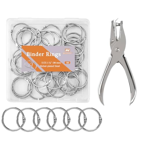 NEEWAY 50pcs Loose Leaf Binder Rings 1 1/5 Inch, Book Rings with Single Hole Puncher, Metal Ring for Index Cards, Metal Paper Ring