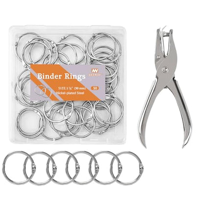 NEEWAY 50pcs Loose Leaf Binder Rings 1 1/5 Inch, Book Rings with Single Hole Puncher, Metal Ring for Index Cards, Metal Paper Ring
