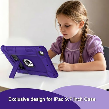 iPad 6th Generation Cases, iPad 5th Generation Case, iPad 9.7 Inch Case, Hybrid Shockproof Rugged Drop Protection Cover Built with Kickstand for iPad 9.7 inch A1893 / A1954 / A1822 / A1823 - color: Purple+Black