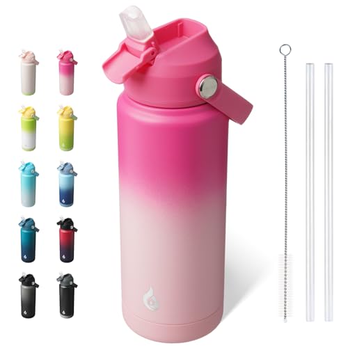 BJPKPK Water Bottle with Straw Lid, 24oz Vacuum Insulated Water Bottles, Metal Stainless Steel Thermo for Sports, Travel, BPA Free Leak Proof Thermo, Cups, Flasks, Tumblers,Cherry - color: Cherry, size: 24 Ounces