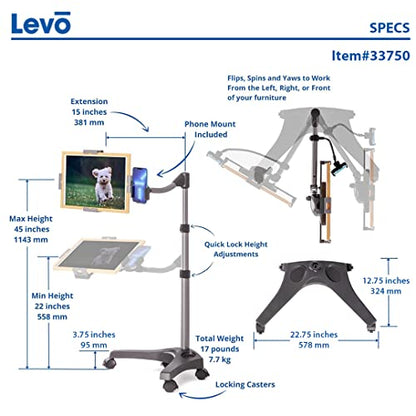 Levo V16 Tablet Floor Stand for iPads, iPad mini, New iPad Pro, Galaxy, Nexus, Xoom, Surface Pro, Miix, Nook, Fire, and Other Tablets and eReaders Black Color