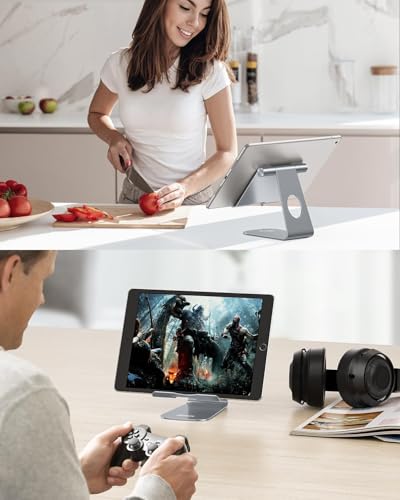 OMOTON T1 Adjustable Tablet Stand for Desk, Aluminum Holder for iPad Grey | Solid Metal Build | Charging Cutout | Anti-Slip Silicone Pads | Multi-Angle Adjustable | Fits 3.5-12.9" | Holds Thick Cases - color: Grey
