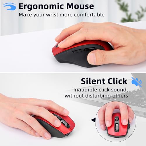 Wireless Bluetooth Mouse with USB-A, USB-C Receiver, Rechargeable, 3-Device, Full-Size, Silent Click, Ergonomic Mice for MacBook/Laptop/Computer/Tablet/PC/iPad-Red - color: Red