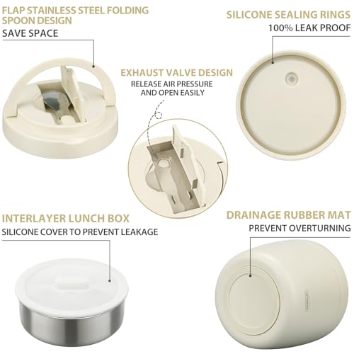 wiwens Thermo Food Jar for Hot Food Adults 32OZ Soup Thermo Lunch Containers Wide Mouth Vacuum Insulated Stainless Steel Leakproof Bento Box with Spoon (Beige) - color: Beige
