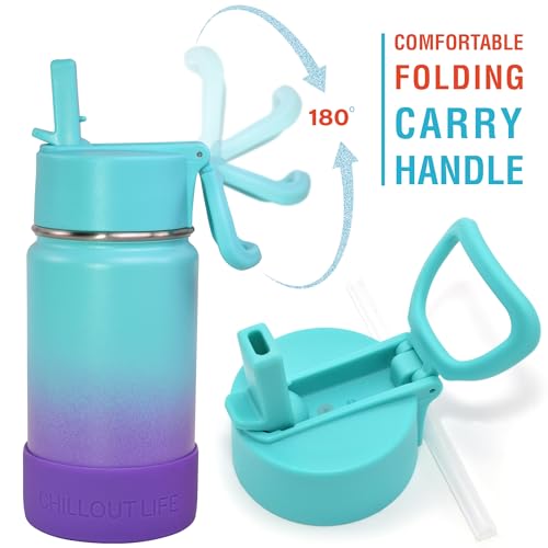 CHILLOUT LIFE 12oz Kids Insulated Stainless Steel Water Bottle with Leak Proof Straw Lid & 144 Stickers - color: Caribbean Lily, style: 12 oz