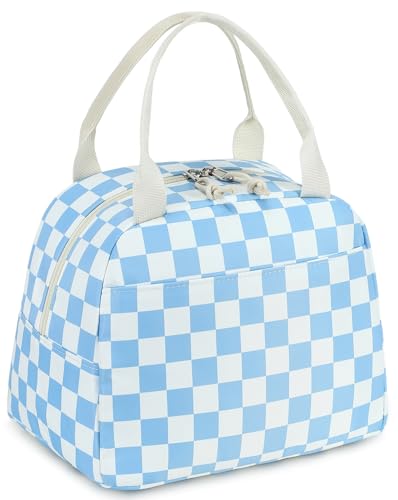 LEDAOU Kids Lunch Bag for Girls, Insulated School Lunch Box, Lightweight | Insulated interior, lightweight design, front pocket, smooth dual zippers, ideal for school and travel - color: Blue White Checkered