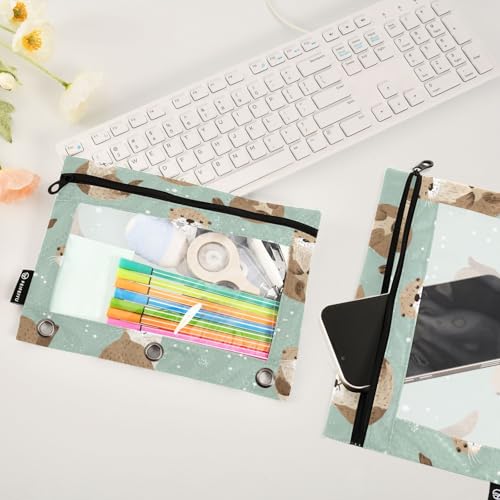 Pencil Pouch for 3 Ring Binder Cute Otters Pattern Clear Window Stationery Bag Pencil Case 2 Pack for Office School Supplies - color: Cute Otter