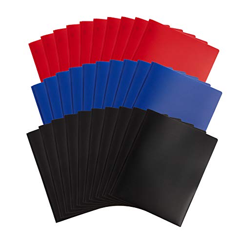Blue Summit Supplies 30 Pack Plastic Two Pocket Plastic Folders with Prongs Bulk, Assorted Dark Color Poly Folders with Pockets and Prongs Bulk, Blue, Red, and Black, 3 Prong, Letter Size