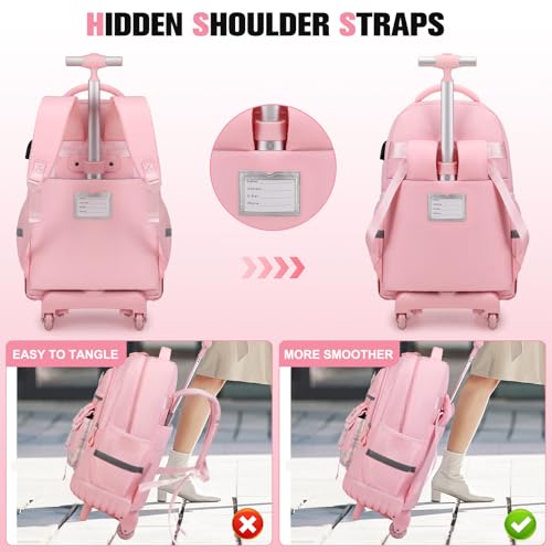 ACESAK Rolling Backpack for Girls - Roller Wheels School Bookbag with Lunch Bag & Pencil Pouch for Teen Girls Kids Wheeled Suitcase Backpacks, Elementary Middle School Travel Daypack (Pink) - color: Pink
