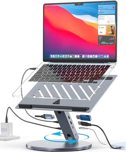 YICOSUN 6-in-1 USB C Laptop Docking Station Stand, 4K@60Hz HDMI, 100W PD, 5Gbps USB 3.0, 360° Swivel Adjustable Aluminum Laptop Stand for 10-15.6 Inch MacBook Pro Air Dell HP Lenovo Surface, Gray