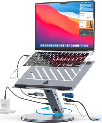 YICOSUN 6-in-1 USB C Laptop Docking Station Stand, 4K@60Hz HDMI, 100W PD, 5Gbps USB 3.0, 360° Swivel Adjustable Aluminum Laptop Stand for 10-15.6 Inch MacBook Pro Air Dell HP Lenovo Surface, Gray