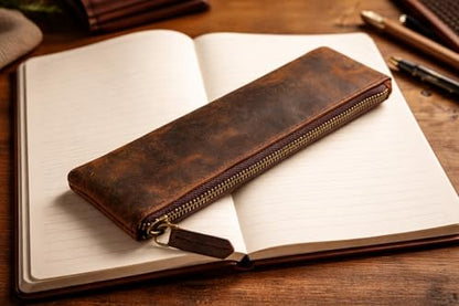 Leather Pen Pencil Case, Zip Pouch, Accessories holder, Stationery Bag, Classic Handmade Design (Vintage Brown)