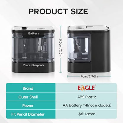 Eagle Electric Pencil Sharpener, Dual Holes, Battery Powered for School/Office/Art, 5s Fast Sharpening, Portable w/Large Shaving Tray & Replaceable Blades, for 6-12 mm Pencils (Black) - color: Black