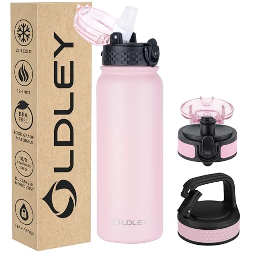 Oldley Insulated Water Bottle 20oz Water Bottles with Straw, Stainless Steel Water Bottle with 3 Lids, Double Wall Vacuum Bottles for Adult Kids, Sports Bottles for School Travel, Pink - color: Pink, size: 20 Ounces