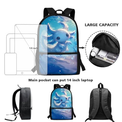 CLOHOMIN Cute Blue Axolotl Backpack with Matching Lunch Boxes 3 in 1 Book Bag and Lunch Tote & Water Bottle Bag Elementary/Middle School Bag Set Kids Bookbag Ages 8-12 Girls with Lunch Bag - color: Cute Blue Axolotl