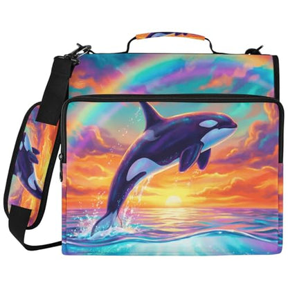 Dolphin 2-inch 3 Ring Zipper Binder with Shoulder Strap Holds 14 Inch Laptop for Students and Office - color: Rainbow Dolphin
