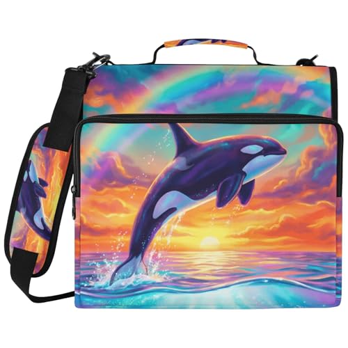 Dolphin 2-inch 3 Ring Zipper Binder with Shoulder Strap Holds 14 Inch Laptop for Students and Office - color: Rainbow Dolphin