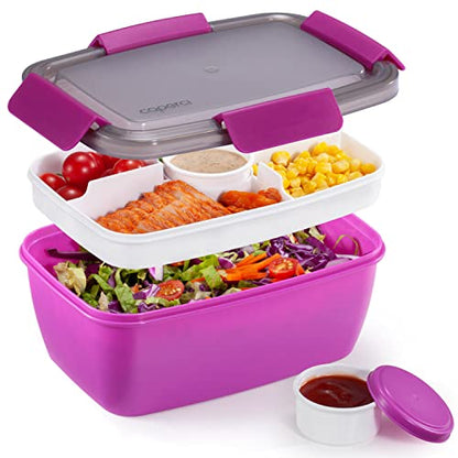 Caperci Large Salad Container Bowl for Lunch - Better Adult Bento Lunch Box 68 oz, 5-Compartment Tray, 2pcs 3-oz Sauce Cups, Stackable, BPA-Free (Purple) - color: Purple