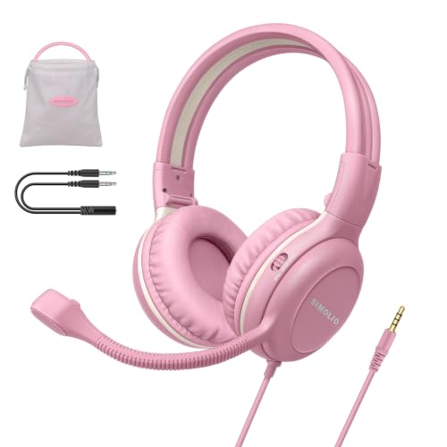 SIMOLIO Kids-Headphones with Microphone for School, 75/85/94 dB Wired Headphones with Boom Mic for iPad, PC, Laptop, Gaming, On Ear Pink Stereo Corded Headsets for Girls, Children, Teens, Students - color: Ballet Pink