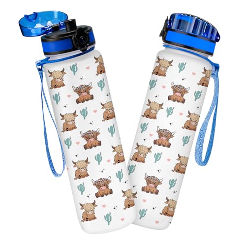 Highland Cow Water Bottle 32oz with Time Marker, Flip Lid & Carry Strap, Motivational Water Tracker Bottle for Daily Hydration, Tritan Plastic Sports Bottle, Gifts for Cow Lovers - color: Cow White