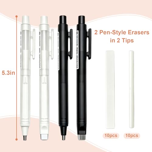 4 Pack Retractable Mechanical Eraser Pen Set (2 Black, 2 White) with 20 Refills (10 Rectangular, 10 Round Tips), Precision Erasers for Artists Drawing, Office & Students - color: Black+white
