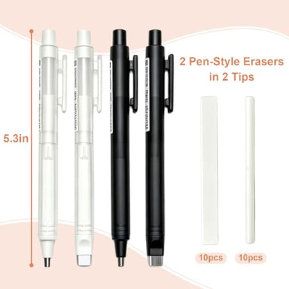 4 Pack Retractable Mechanical Eraser Pen Set (2 Black, 2 White) with 20 Refills (10 Rectangular, 10 Round Tips), Precision Erasers for Artists Drawing, Office & Students - color: Black+white