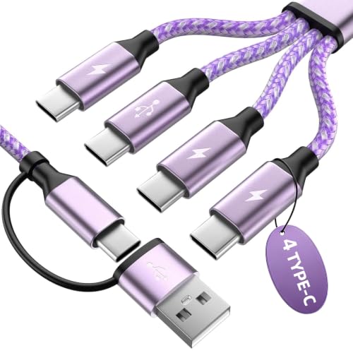 Upgrade 4 in 2 Multi Charging Cable, USB C to USB C Cable with 4 X Type-C, Travel Holiday Essentials Phone Charger Cord for iPhone 17/16/15, Galaxy, Android (1Pack 5FT), Purple - color: Purple&AC&1PCS, size: AC to 4C