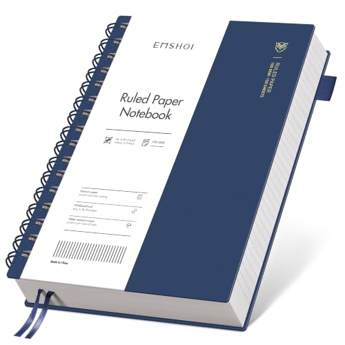 EMSHOI Lined Spiral Journal Notebook, 300 Pages, A5 Size (5.7'' x 8.2'') | College Ruled, 100 GSM Thick Paper, Flexible Plastic Cover, for School, Writing, Work, Office & Journaling (Navy Blue) - color: Navy Blue, size: A5
