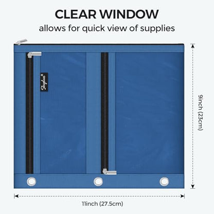 SKYDUE Binder Pencil Pouch for 3 Ring Binder, 3 Compartment Zipper Case, Large Capacity Pen Organizer with Clear PVC Window for School Supplies, Students, Kids & Teachers - color: Navyblue